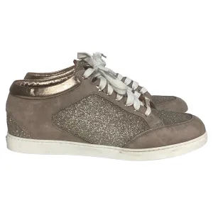 Jimmy Choo Miami Lace Up Sneakers in Beige Glitter And Suede
