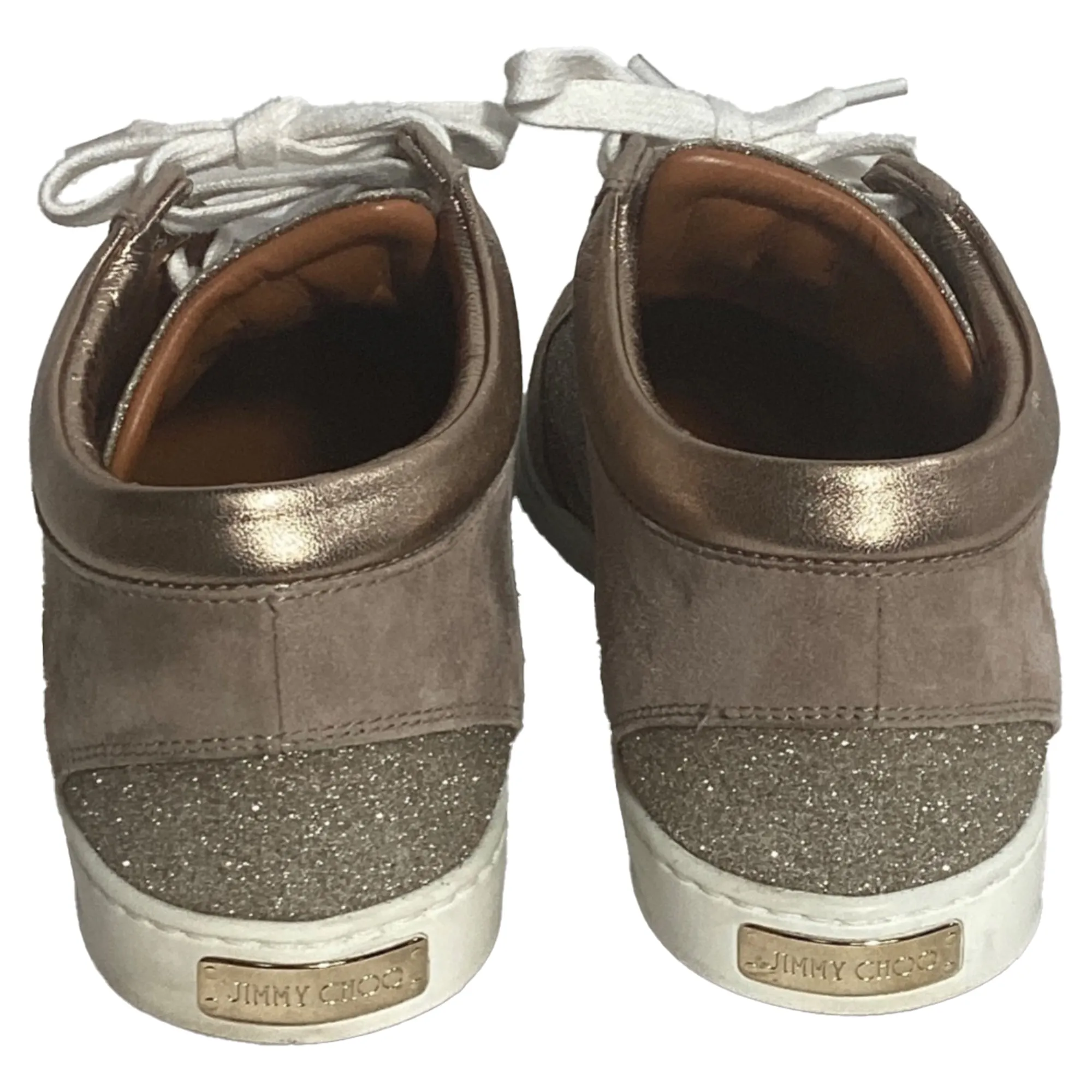Jimmy Choo Miami Lace Up Sneakers in Beige Glitter And Suede