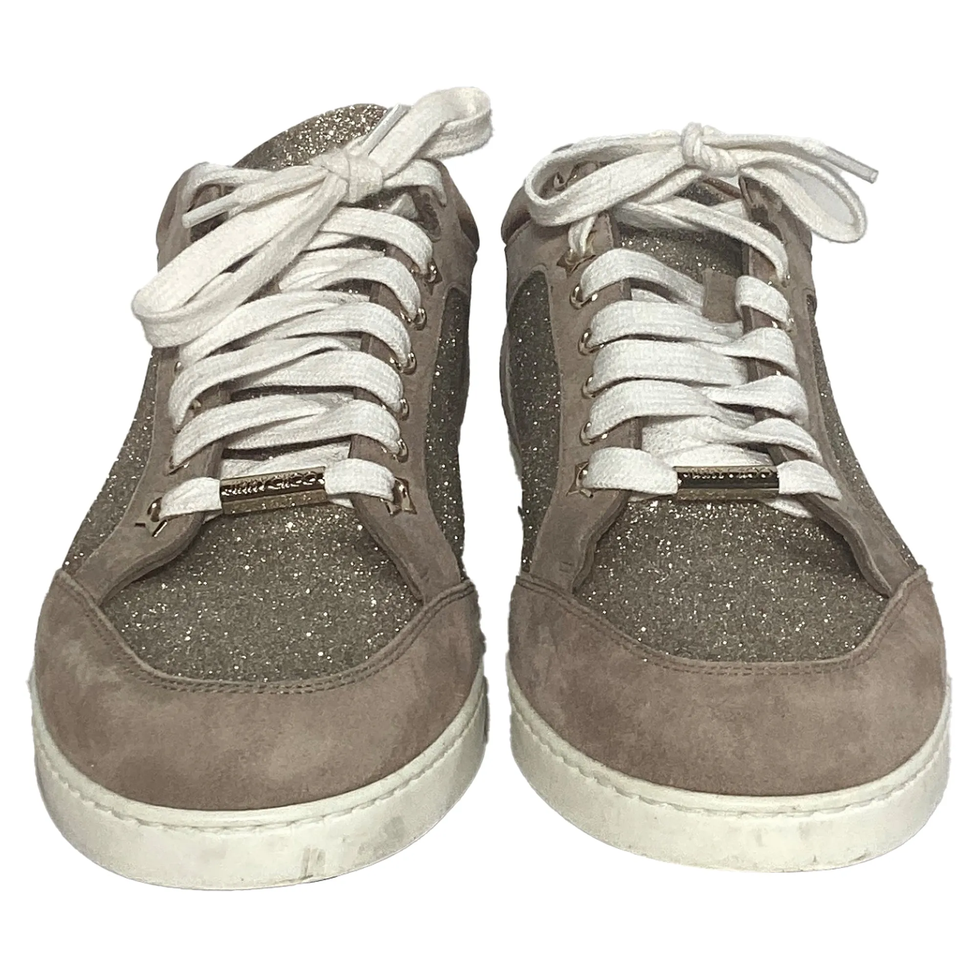 Jimmy Choo Miami Lace Up Sneakers in Beige Glitter And Suede