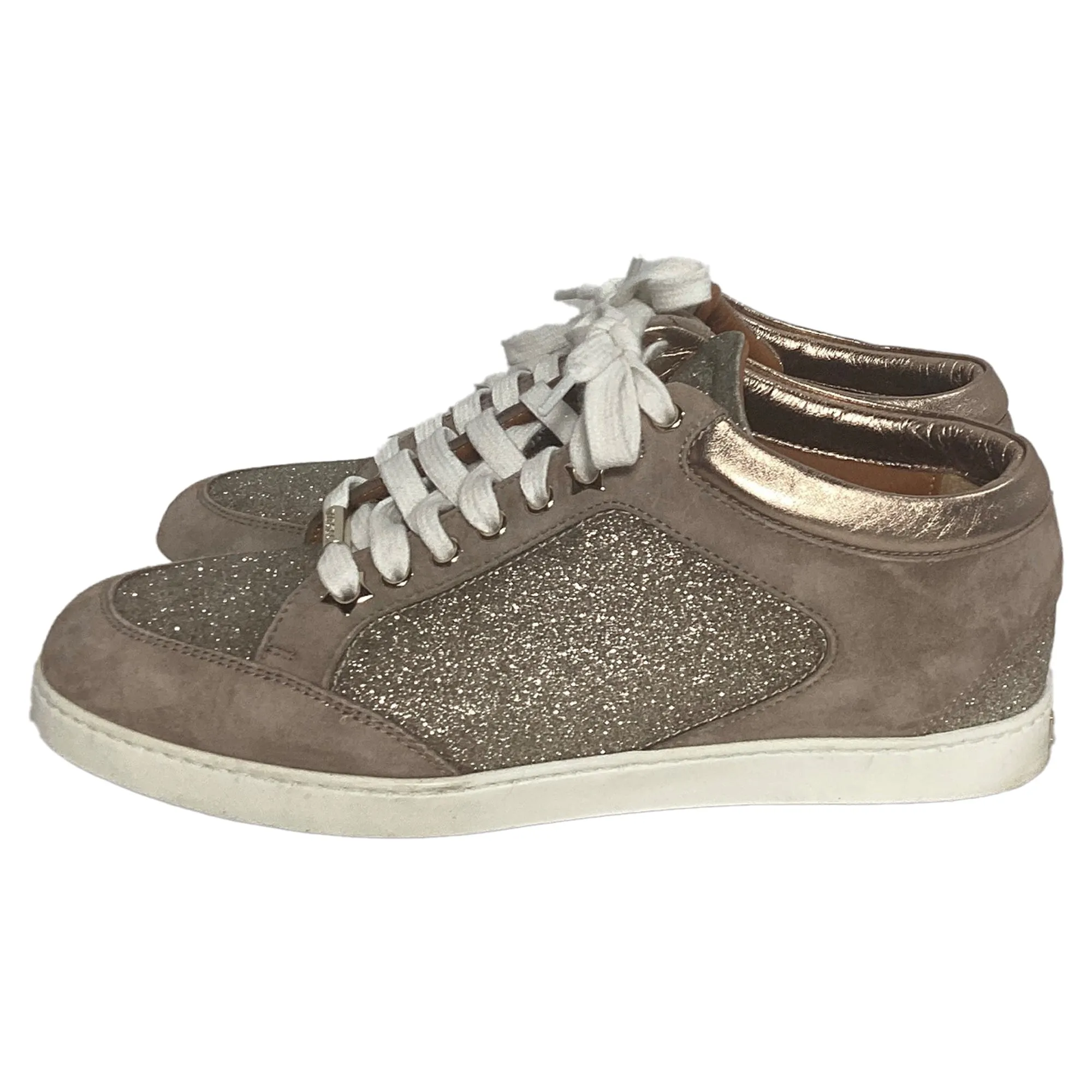 Jimmy Choo Miami Lace Up Sneakers in Beige Glitter And Suede