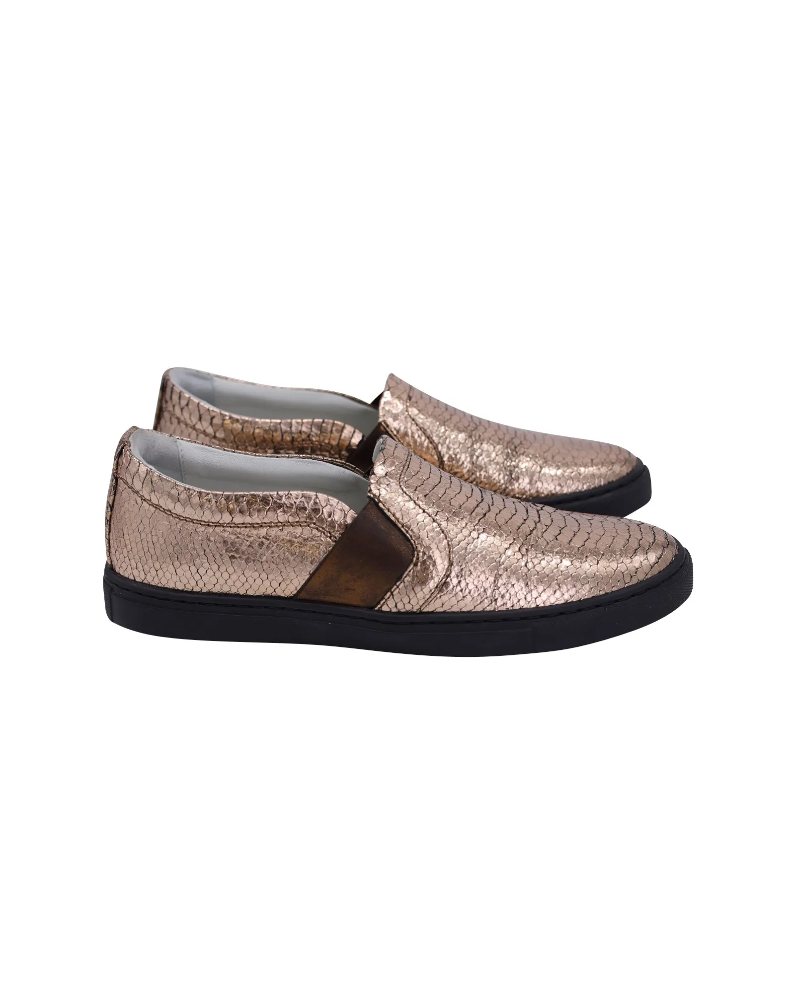 Lanvin Metallic Snakeskin-Embossed Slip-On Sneakers in Gold Leather