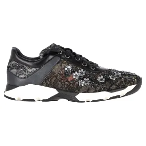 Rene Caovilla Embellished Lace Up Sneakers in Black Leather