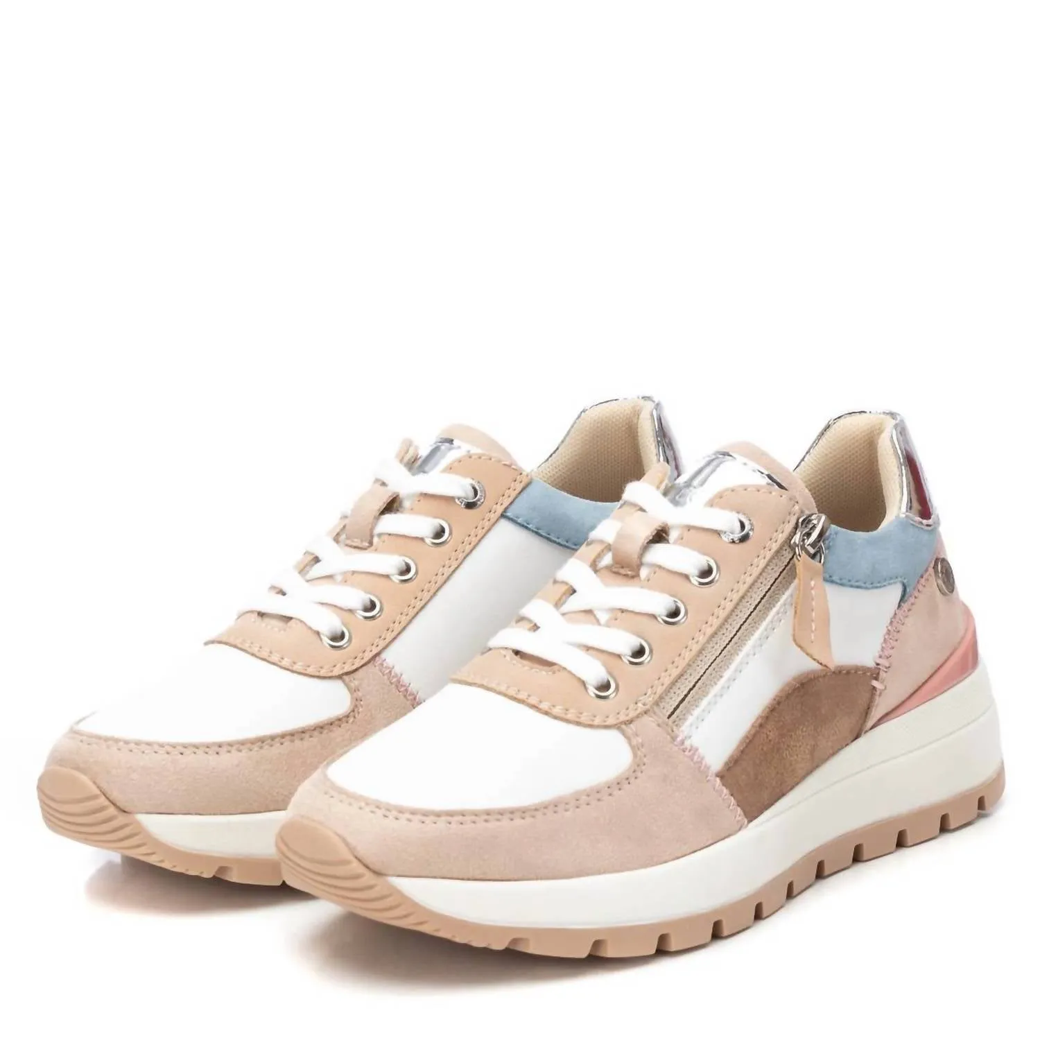 Women's Casual Sneakers With Side Zipper In Beige